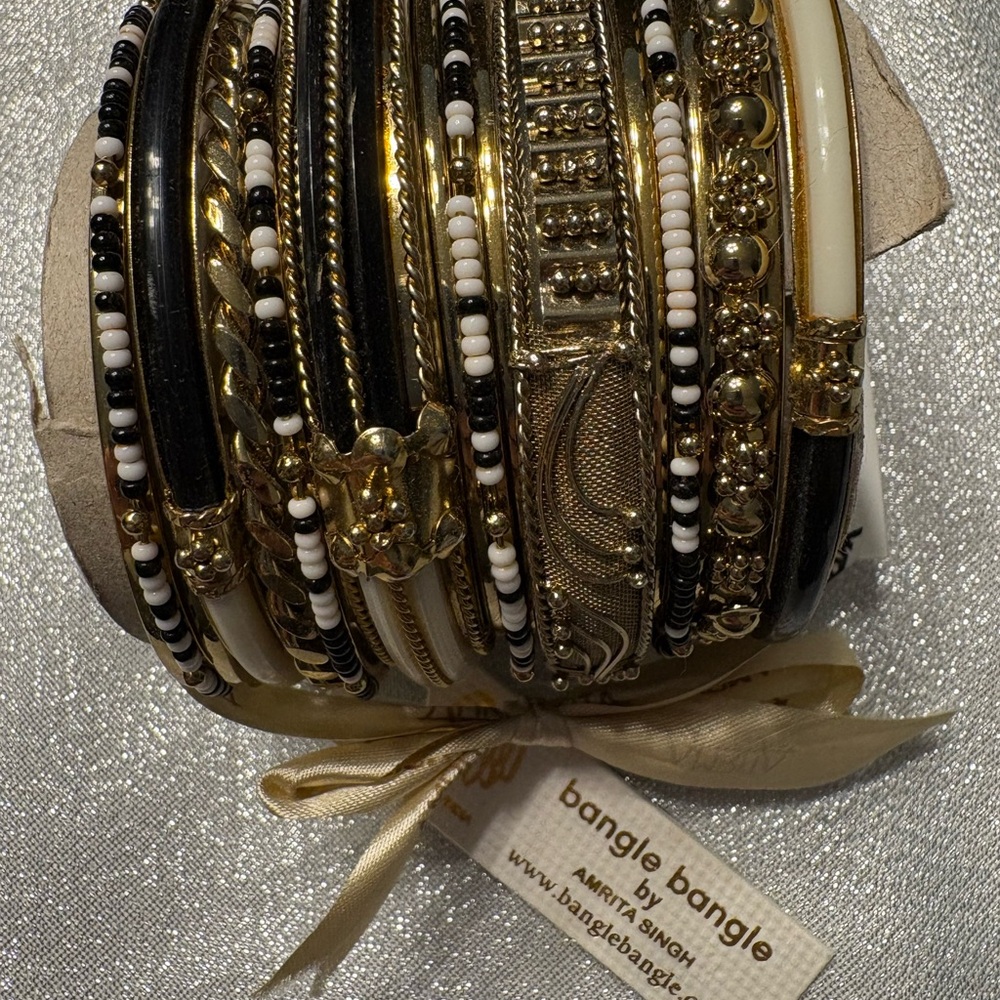 Black and Gold Ornate Bracelet Set with Crystal Accents
